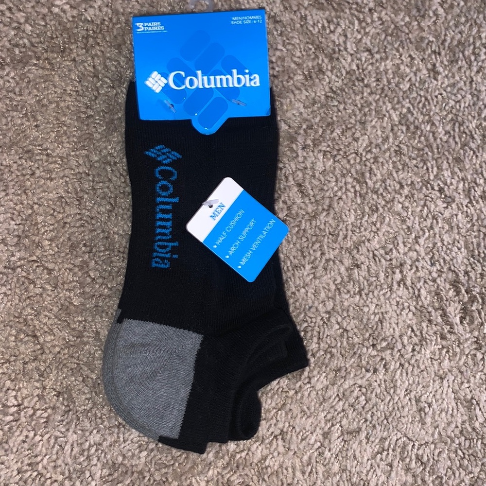 Men’s Columbia socks, Black, Shoe size 6-12, 3 pairs
